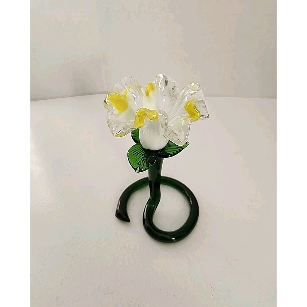 Hand blown daylily art glass Murano style flower candlestick holder yellow